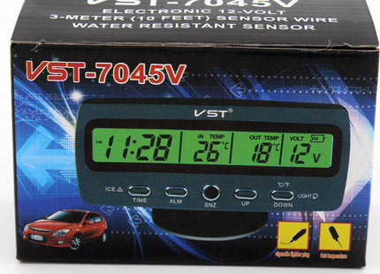 Συσκευασία VST-7045V Electronic 12 Volt με εικόνα οθόνης ώρας, θερμοκρασίας και τάσης