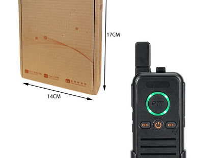 Walkie Talkie FM Transceiver με συσκευασία και ενδεικτικές διαστάσεις 14 x 17 cm