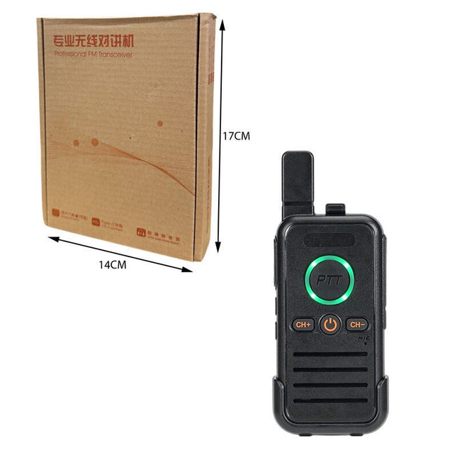 Walkie Talkie FM Transceiver με συσκευασία και ενδεικτικές διαστάσεις 14 x 17 cm