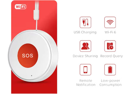 Κουμπί SOS με εικονίδια φόρτισης USB, Wi-Fi, κοινής χρήσης συσκευής, ιστορικού, ειδοποίησης και χαμηλής κατανάλωσης.