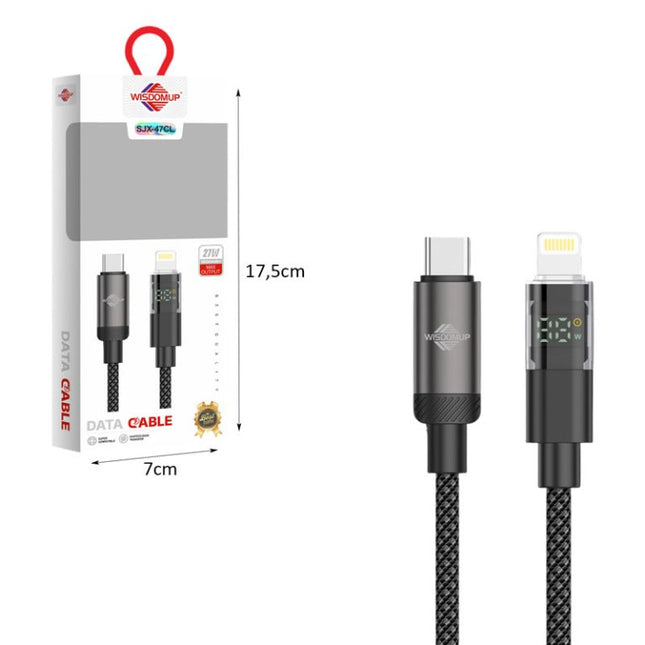 Καλώδιο Wisdomup SJX-47CL USB-C σε Lightning με ένδειξη LED και συσκευασία διαστάσεων 17,5 επί 7 cm.
