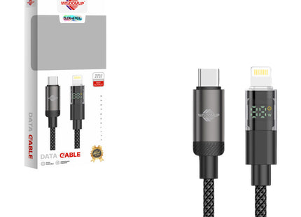 Μαύρο πλεκτό καλώδιο Wisdomup SJX-47CL με βύσματα USB-C και Lightning, ψηφιακή ένδειξη LED και συσκευασία.