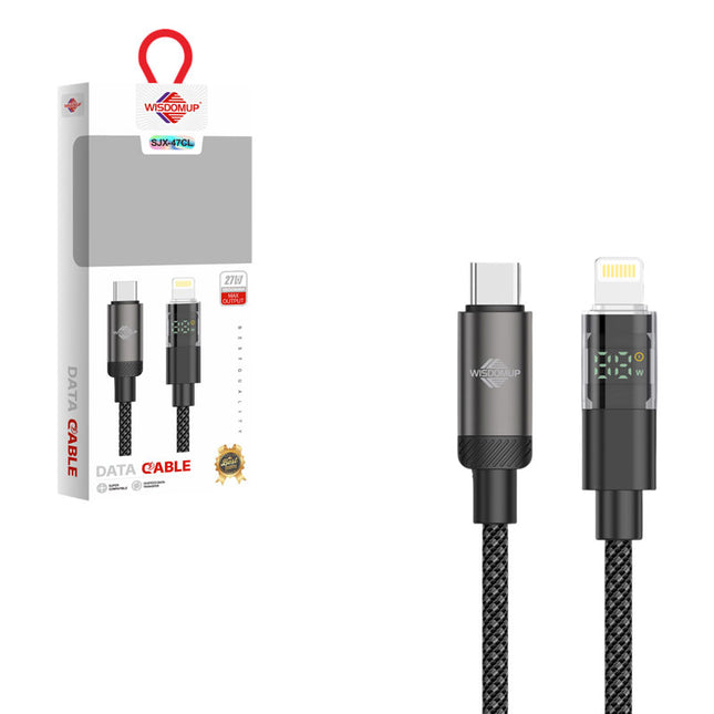 Μαύρο πλεκτό καλώδιο Wisdomup SJX-47CL με βύσματα USB-C και Lightning, ψηφιακή ένδειξη LED και συσκευασία.