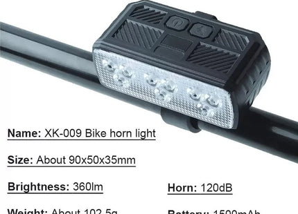 Πληροφορίες προϊόντος XK-009 φως ποδηλάτου 360lm με κόρνα 120dB