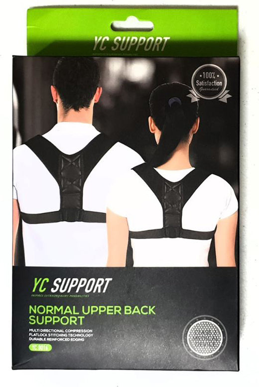 Συσκευασία YC Support YC-8016 με μαύρο στήριγμα άνω πλάτης φορεμένο από άνδρα και γυναίκα.